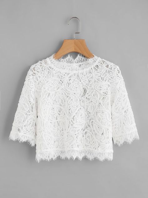 Hollow Out Eyelash Lace Crop Top -SheIn(Sheinside) Crop Tops Online, Chique Outfits, White Lace Top, Elegant Blouses, Crop Top Outfits, Cropped Tops, Lace Crop Tops, Blouse White, Ladies Dress Design