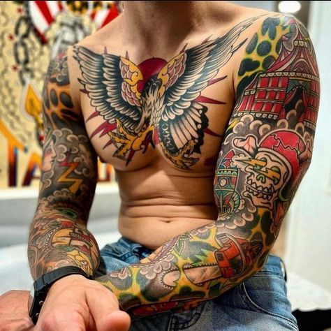 Neo Traditional Chest Tattoo, Traditional Tattoo Arm, 108 Tattoo, Traditional Chest Tattoo, American Traditional Sleeve, Traditional Chest, Knee Tattoos, Amazing 3d Tattoos, Neo Tattoo