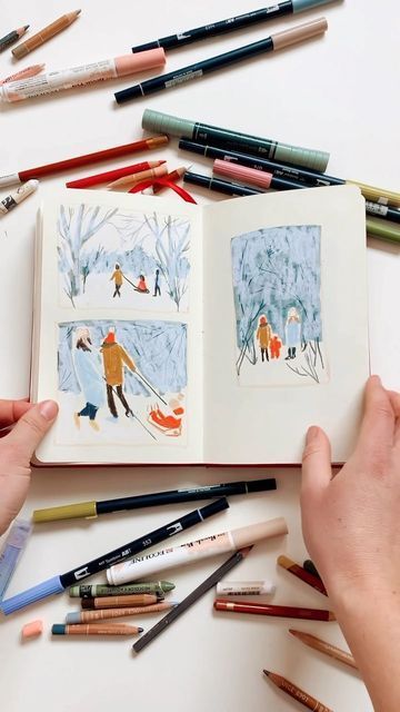 Winter Marker Drawing, Winter Sketchbook Ideas, Tombow Art Drawings, Marker Illustration Sketchbooks, Tombow Marker Art, Winter Sketchbook, Watercolor Marker Art, Melissa Lakey, Color Pencil Sketches