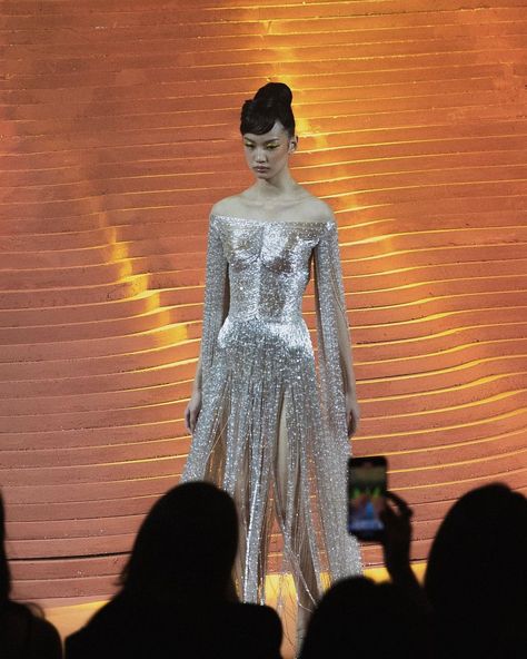 Yogie Pratama on Instagram: "A masterpiece unfurled, a thousand hours whispered into existence. The silver-fringed dress, crafted from luminescent threads, an earthly…" Alien Clothes, Runway Dresses, Dreamy Dress, Fringe Dress, Gala Dresses, Silver Dress, Beautiful Gowns, Fancy Dresses, Bentley