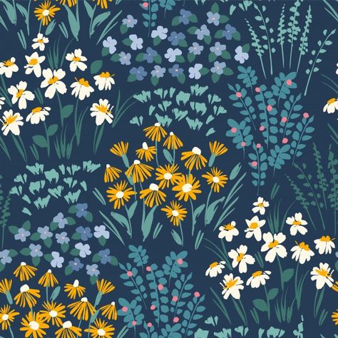 Navy Art Print, Navy Color Palette, Surface Pattern Design Inspiration, Green Floral Design, Cool Color Palette, Summer Meadow, Summer Illustration, Pattern Design Inspiration, Patterned Bedding