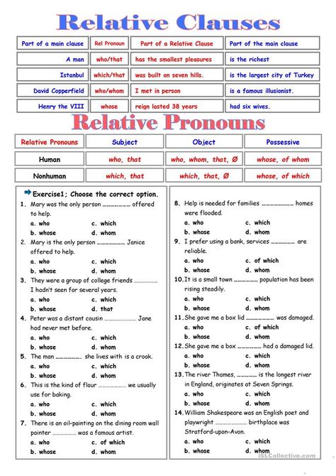 RELATIVE CLAUSES - English ESL Worksheets Relative Clauses Worksheets, If Clauses Grammar, Relative Clauses Grammar, Reduced Relative Clauses, Clauses Worksheet, Defining Relative Clauses Worksheet, Dependant And Independent Clauses, English Grammar Test, English Tenses