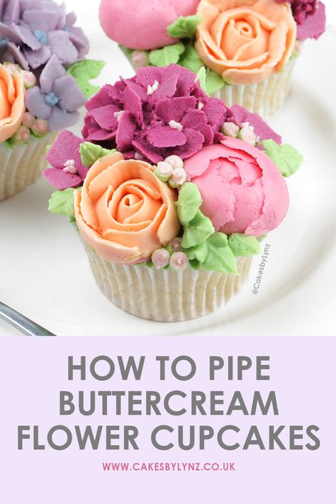 How to Pipe Buttercream Flower Bouquet Cupcakes – Roses, Peony & Hydrangea Piping Techniques Buttercream Decorated Cupcakes, How To Decorate Cupcakes Like Flowers, Buttercream Flowers Cupcakes Tutorials, Diy Floral Cupcakes, How To Make Floral Cupcakes, How To Make Flower Cupcakes Tutorials, Buttercream Frosting For Piping Flowers, How To Decorate Flower Cupcakes, Chocolate Flower Cupcakes