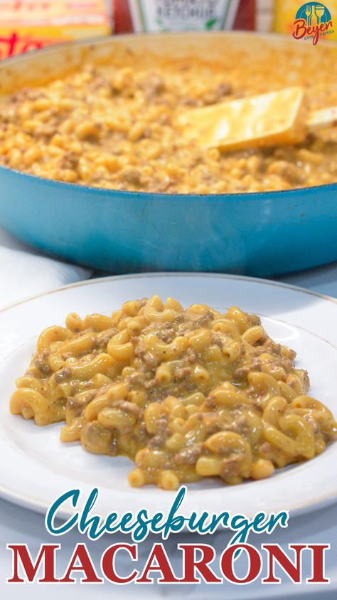 Need a fast dinner idea that can be made in 15 minutes? This homemade hamburger helper recipe is a quick and easy to make cheeseburger macaroni and cheese with just ground beef, macaroni, Velveeta, ketchup and mustard. Cheeseburger Mac And Cheese Velveeta, Velveeta Cheeseburger Macaroni, Home Made Hamburger Helper Cheesy, Cheeseburger Hamburger Helper Homemade, Velveeta Hamburger Helper, Cheese Burger Pasta, Cheesy Beef Macaroni, Cheese Burger Macaroni, Homemade Cheeseburger Macaroni