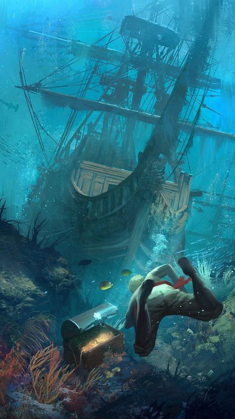 Assassin's Creed Black, Assassins Creed Black Flag, Navi A Vela, Old Sailing Ships, Under The Water, Underwater Scene, Sea Of Thieves, Pirate Art, Ghost Ship