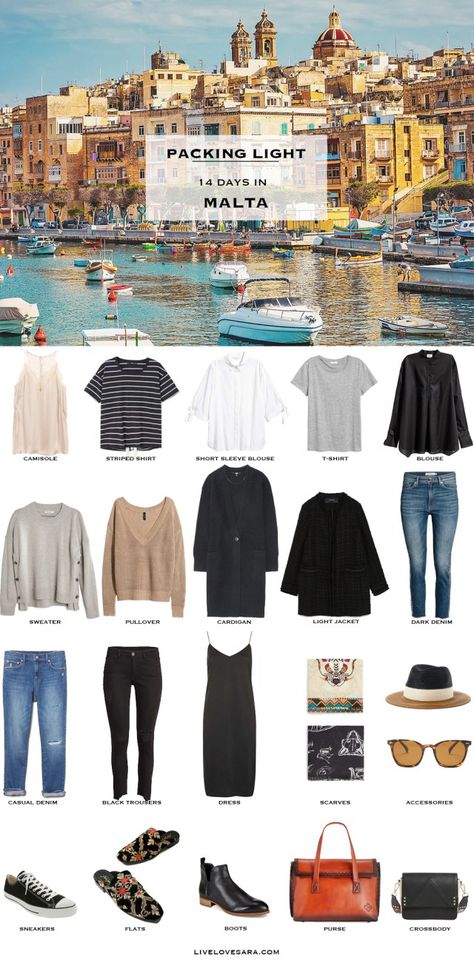 What to Pack for Malta Packing Light List #packinglist #packinglight #travellight #travel #livelovesara Lists Ideas, Smart Casual Wardrobe, Holiday Packing, Packing Lists, Travel Capsule Wardrobe, Travel Wardrobe, Packing Light, What To Pack, Light Jacket