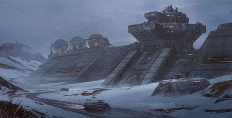 Fortress-conceptual structure for a more permanent garrison on a developed planet. Sci Fi Research Facility, Snow Planet Scifi Concept Art, Sci Fi Military Base, Facility Concept Art, Scifi Building, Ice Planet, Sci Fi Building, Research Facility, Sci Fi Architecture