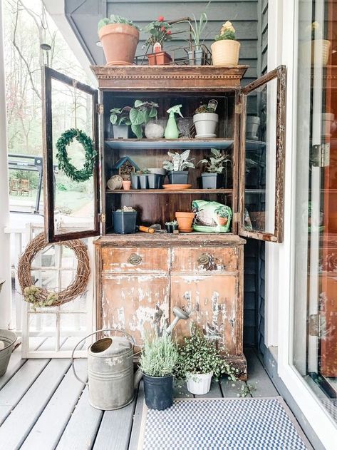 Old China Cabinet, Repurposed China Cabinet, Cabinet Upcycle, Farmhouse Thrift Store Makeovers, Potting Station, China Cabinet Makeover, Potting Benches, Potting Table, Potting Tables