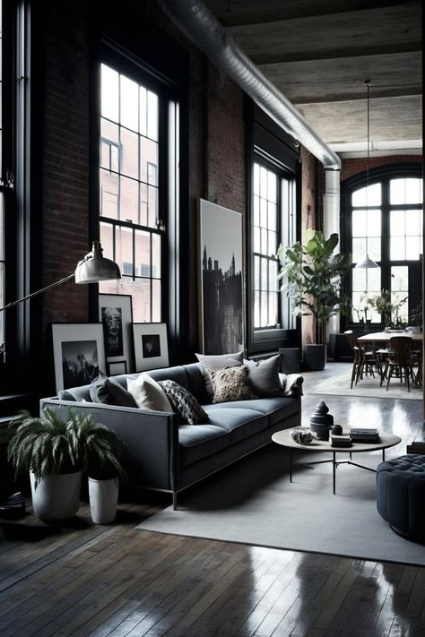 Black And White Loft Apartment, Industrial Glam Living Room, White Loft Apartment, Male Apartment Decor, Industrial Glam Decor, Industrial Modern Decor, Scandinavian Industrial Interior, Aesthetic Options, Urban Modern Interior Design