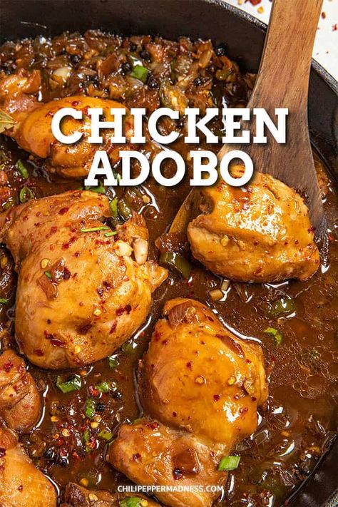 This Filipino chicken adobo recipe is easy to make with marinated chicken thighs seared then simmered in a flavorful brown sauce, huge on flavor. Philippines Chicken Adobo, Puerto Rican Adobo Chicken, Crock Pot Chicken Adobo, Chicken Adobo Drumsticks, Abodo Chicken Recipe, Bone In Chicken Recipes For Dinner, Chicken Thigh Curry Recipe, Adobe Chicken Recipe, What To Do With Chicken Thighs