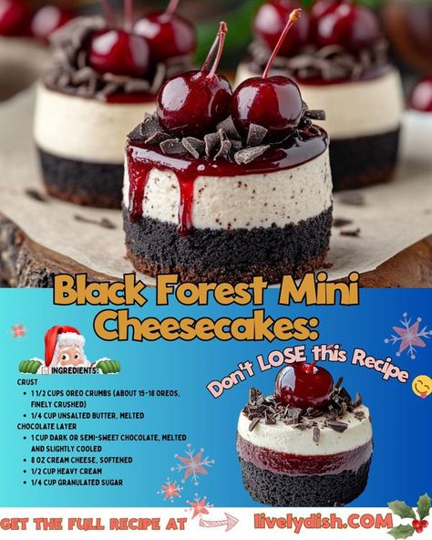 Mini Black Forest Cheesecake, Mini Cherry Cheesecakes, Oreo Crust Cheesecake, Black Forest Cheesecake, Cherry Topping, Cheesecake Cups, Oreo Crust, Mini Cheesecakes, Chocolate Filling