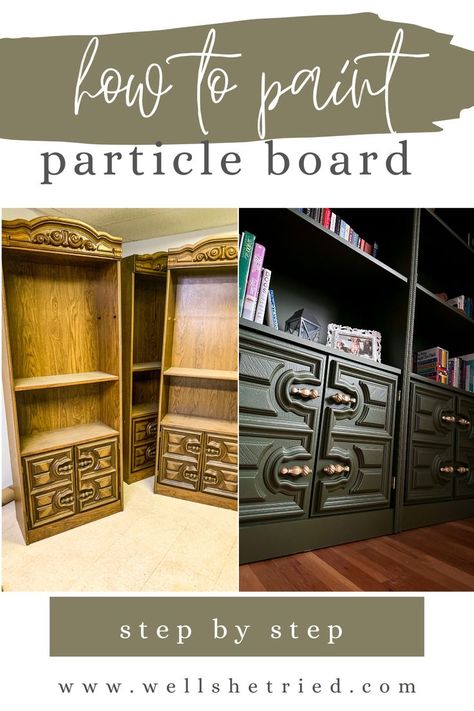 Diy Painted Bookshelf, Bookshelf Flip, Painting Particle Board Furniture, Paint Particle Board, Refurbished Coffee Tables, Painted Bookshelf, Particle Board Furniture, Refurbish Ideas, Bookshelf Makeover