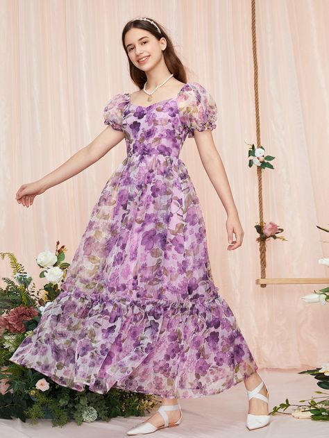 Multicolor Glamorous  Short Sleeve Organza Floral,All Over Print A Line Embellished Non-Stretch All Girls Clothing Floral Long Frocks, Organza Frocks, Floral Print Frock, Short Frocks, Simple Frock Design, Long Frock Designs, Floral Frocks, Long Gown Design, Simple Frocks