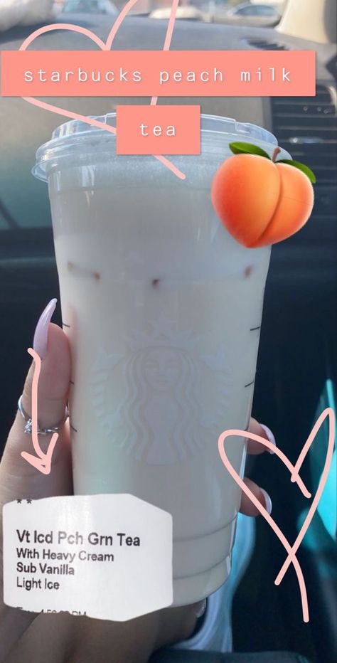 Peach Milk Tea Starbucks, Coconut Starbucks Drinks, Peach Starbucks Drink, Starbucks Non Coffee Drinks, Starbucks Drink Sizes, Starbucks Milk Tea, Peach Milk Tea, Starbucks Drinks To Try, Starbies Drinks