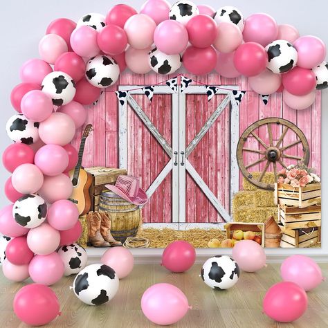 PRICES MAY VARY. Cowgirl Party Decorations Set: package includes 1pcs cowgirl backdrop and 50pcs latex balloons in 4 cute matching colors, 1 roll adhesive dot, ribbon and balloon chain; the whole set can save you a lot of time to prepare other separate parts and you can host a wonderful party easily. Note: recommend to inflate balloons by air pump or machine instead of mouth Retro Western Design: the cowgirl banner features with vintage western wooden barn design and combines classic western ele Cowgirl Backdrop, Cowgirl Balloons, Cowgirl Theme Birthday, Western Cowgirl Party, Cowgirl Birthday Party Decorations, Cowgirl Decorations, Cowgirl Party Decorations, Western Party Decorations, Pink Latex