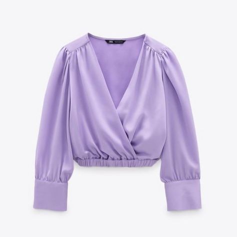 Zara Lavender Cropped Wrap Top / Blouse. Size M. Long Sleeves With Jewel Button Details On Each Sleeve. Elastic Waist. Nwt And Never Worn! Silk Top Designs, Lilac Blouse, Blouse Zara, Wrap Top Blouse, Lace Sleeve Top, Trendy Fashion Tops, Purple Blouse, Satin Blouses, Zara Blouse