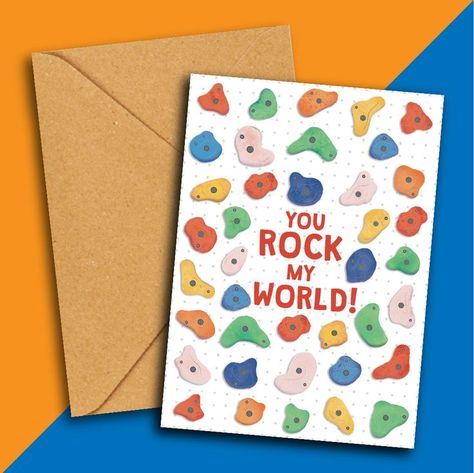 A funny rock climbing valentine's day card or anniversary card perfect for your boyfriend, girlfriend, partner, spouse, husband or wife who's really into rock climbing, bouldering and sport climbing. The perfect card to accompany a rock climbing gift! Features an illustration of various colourful climbing holds and the text "YOU ROCK MY WORLD!." Printed onto matte 350gsm cardstock.

Blank inside for your own personal message and includes an attractively textured kraft envelope. French Christmas Cards, Spanish Christmas Cards, Spanish Birthday Cards, Gay Wedding Card, Rock Climbing Gifts, You Rock My World, Climbing Gifts, Funny Rock, Climbing Holds