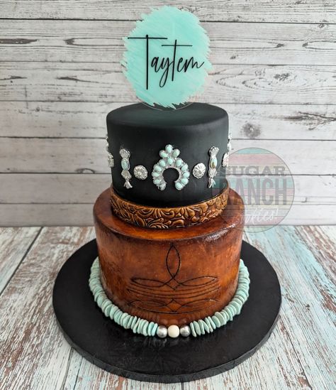 Happy Birthday Sweet Taytem 🖤🩵 #sugarranch #cake #western #cowgirl #turquoise #bootstitch #leather #tooledleather #southwest #customcakes #arizona Western Birthday Cakes Women, Western Birthday Cakes, Turquoise Cake, Summer Birthday Cake, Cowgirl Turquoise, Hello 40, Ice Skating Party, Skating Party, Western Birthday