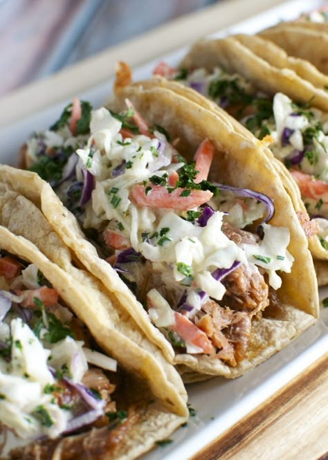 Barbecue Pork Tacos with Honey Mustard Slaw - Stuck On Sweet Honey Mustard Slaw, Mustard Slaw, Slow Cooked Pork, Cole Slaw, Pork Tacos, Barbecue Pork, Slaw Recipes, Snacks Für Party, Pork Dishes