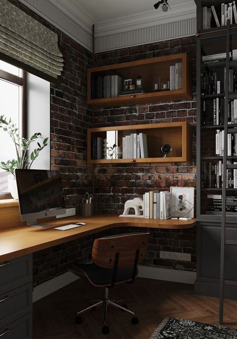 Small Home Office For Two, Masculine Home Offices, Masculine Home, Cozy Workspace, Modern Home Offices, Home Studio Setup, Small Home Offices, Exposed Brick Walls, Brick Walls