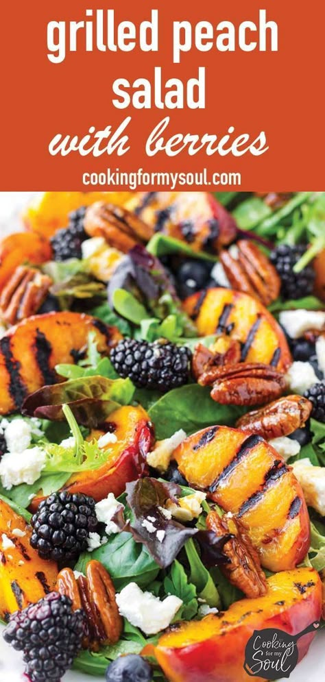 Peach Main Dish Recipes, Fall Peach Salad, Peach Green Salad, Fruit And Meat Recipes, Peach Avocado Salad, Grilled Summer Dinners, Peach Basil Salad, Watermelon Peach Salad, Summer Peach Recipes