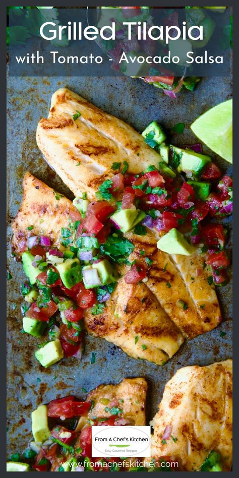 This easy grilled tilapia recipe is the perfect summer dinner!  Quick-cooking, budget-friendly tilapia is paired with a vibrant Tomato and Avocado Salsa that rocks with flavor. Grilled Talipa Recipes, Grilled Tilapia Recipes, Tilapia Dinner, Tilapia Recipes Healthy, Easy Fish Dinners, Best Avocado Recipes, Grilled Tilapia, Tilapia Recipe, Grilled Fish Recipes