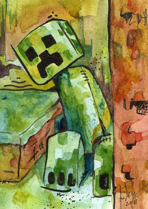 minecraft creeper watercolor Minecraft Watercolor Art, Minecraft Watercolor Painting, Minecraft Creeper Fanart, Minecraft Watercolor, Creeper Minecraft Drawing, Minecraft Creeper Art, Creeper Painting, Minecraft Art Fanart, Creeper Drawing