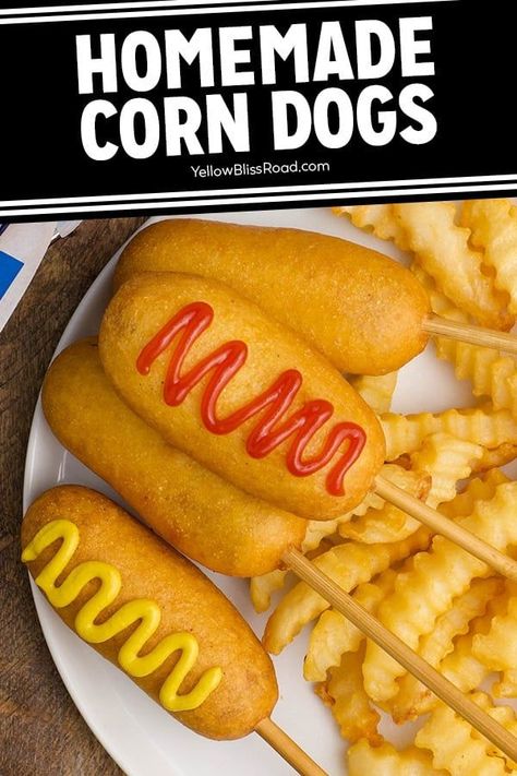 Corn Dogs are a classic carnival food featuring hot dogs on a stick, hand-dipped in a crispy batter made with cornmeal and a touch of honey and deep-fried to perfection.You can make this iconic fair food in the comfort of your own kitchen with my easy homemade corn dogs recipe. Corn Dogs Recipe, Homemade Corn Dogs, 4th Of July Activities, Homemade Corndogs, Easy Picnic Food, July Activities, Kid Foods, How To Make Corn, Dinner Favorites