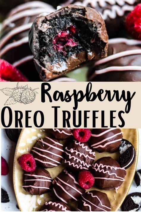 These Oreo truffles are coated in chocolate and filled with a full raspberry in the middle. These desserts are great for any time of year, but are an absolutely delicious quick and easy Fall dessert! Raspberry Truffles Easy, How To Make Truffles, Raspberry Truffles, No Bake Truffles, Brownie Truffles, Raspberry Brownies, Chocolate Glazed Donuts, School Recipes, Raspberry Cookies