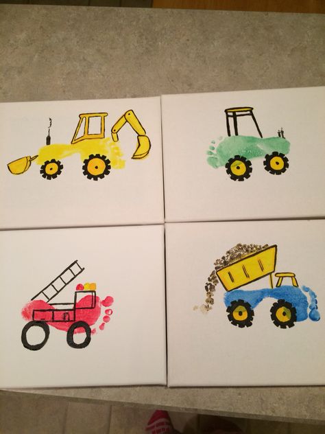 Dump Truck Footprint Art, Footprint Construction Trucks, Construction Infant Art, Tractor Footprint Craft, Transportation Infant Art, Foot Print Art, Baby Art Crafts, Babysitting Crafts