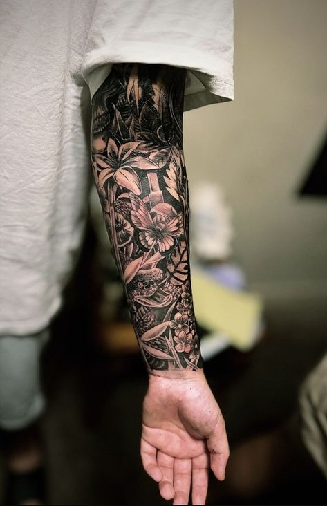 Plants And Flowers Tattoo Sleeve, Forearm Sleeve Flowers, Nature Quarter Sleeve Tattoo, Floral Sleeve Tattoo Men, Masculine Floral Tattoo, Rainforest Tattoo Sleeve, Flower Sleeve Tattoo Men, Jungle Tattoo Sleeve, Lower Arm Sleeve Tattoo