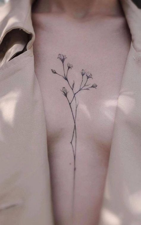 Botanical Sternum Tattoo, Flower Sternum Tattoo, Sternum Tattoos For Women, Fine Line Tattoo Designs, Line Tattoo Designs, Tattoo Sternum, Tattoo Artist Tattoo, Artist Tattoo, Fine Line Tattoo