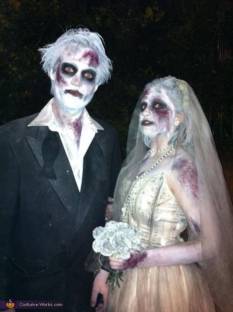 Corpse Bride and Groom Costume - Halloween Costume Contest via @costumeworks Bride And Groom Costume, Groom Costume, Zombie Couple Costume, Zombie Wedding, Halloween Costumes 2014, Dead Bride, Costumes For Couples, Halloween Bride, Zombie Bride