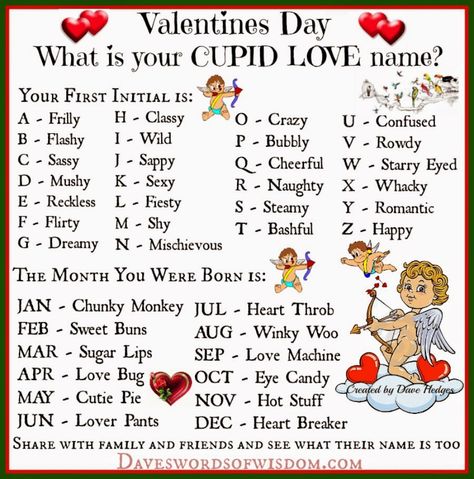 What is your cupid #love name? Mine is rowdy winky woo!  Doesn't sound too romantic to me!! Traditional Girl Names, Funny Name Generator, Marine Parents, Valentine Name, Valentines Games, Cupid Love, Secret Lovers, Party Names, Interactive Posts