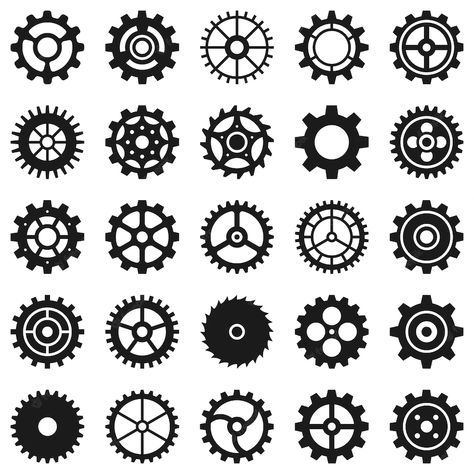 Premium Vector | Gears. transmission cog wheels and machine gearings, technical mecanisme, engineering motor, button black silhouette icons, vector set. transmission mechanism, engineering machinery gear illustration Gear Drawing, Gear Tattoo, Cog Wheel, Machine Logo, Mechanical Gears, Gear Logo, Party Tattoos, Powerpoint Slide Designs, Gear Wheels