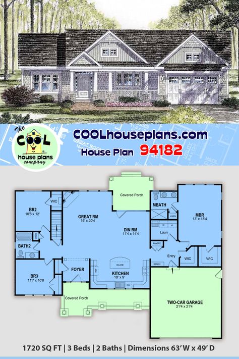 One look at this country style ranch house floor plan and you will understand why it is our number 1 best-selling one-story home design. A 3-bedroom, 2-bathroom, home floor plan with an open layout and a split bedroom design. The layout has the kitchen at the front of the house. Two car garage and covered entrances front, and back are welcoming. Stone column bases, decorative trim in the gables, shingle/vertical siding. Available on a basement foundation. #houseplans #homeplans One Story Split Bedroom Floorplans, 3 Bedroom House Plan With Garage, Ranch House Plans 3 Bedroom, 2 Bed 2 Bath 2 Car Garage House Plans, 3 Bed 2.5 Bath Floor Plans Single Story, Kitchen In Front Of House Floor Plans, 3 Bedroom 2 Bath House Plans Open Floor With Garage, House Plan With Kitchen In Front Layout, 3 Bed 2 Bath Floor Plans With Garage