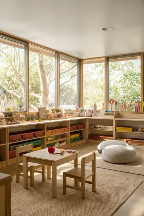 90720b925e0c4c2ddc1fdd4a558b05c9 Bright Montessori classroom with wooden tables, chairs, and shelves filled with educational materials, sunlight streaming in. | Sky Rye Design Montessori School Room, Kids Playroom Aesthetic, Learning Area For Kids At Home, Playroom And Homeschool Room, Foster Kids Room, Kids Playroom Ideas Small Space, Montessori Interior, Kids Library Room Ideas, Childrens Playroom Ideas