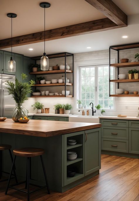 Lake Kitchen, Green Kitchen Cabinets, Kitschy Kitchen, Green Cabinets, Kitchen Inspiration Design, Modern Farmhouse Kitchens, Kitchen Redo, Green Kitchen, Kitchen Remodeling