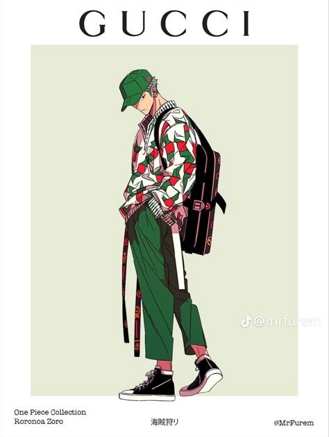 One Piece Fashion Anime, Zoro Outfits, One Piece Inspired Outfits, Gucci Poster, One Piece Streetwear, Luffy Outfits, رورونوا زورو, Anime Streetwear, Image Swag