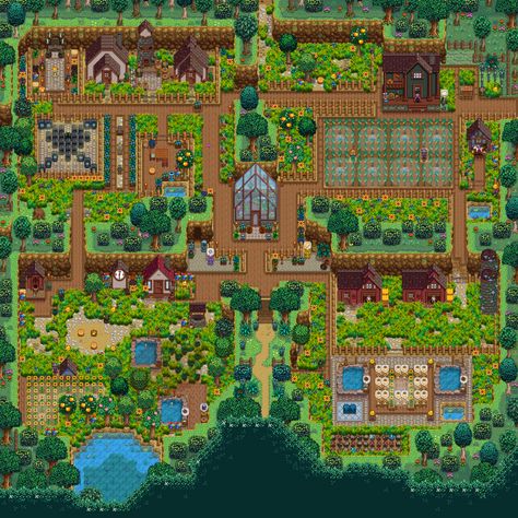 Four Corners Farm, Stardew Valley Farm Ideas, Farm Layouts, Stardew Ideas, Stardew Valley Farm, Stardew Farms, Stardew Valley Layout, Stardew Valley Tips, Stardew Valley Farms