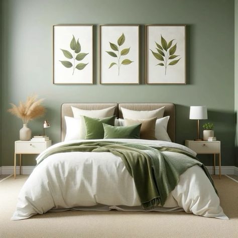 Cream White Green Bedroom, Sage Green Brown And White Bedroom, White And Sage Bedroom Ideas, White Bed With Green Accents, Sage Green Beige Bedroom, White Bedding With Green Accents, Olive And Cream Bedroom, Sage Green And White Bedroom Ideas, Olive Green And White Bedroom