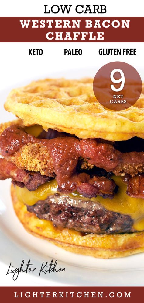 Western Bacon Cheeseburger Chaffle recipe! Use a crispy cheesy chaffle instead of bread, to keep it low carb. Perfect Keto dinner recipe! From the crispy waffles style chaffle and Airfryer onion rings to the spiced barbecue sauce, this chaffle recipe is dripping with flavor. Visit LighterKitchen.com for more Keto Recipes and Chaffle Recipes. #chaffle #chaffles #lowcarbdinner #hamburgerrecipes #hamburgermeatrecipes Cheesy Chaffle, Cheeseburger Chaffle, Airfryer Onion Rings, Western Bacon Cheeseburger, Cheese Chaffles, Crispy Waffles, Chaffle Recipes, Chaffle Recipe, Crispy Waffle