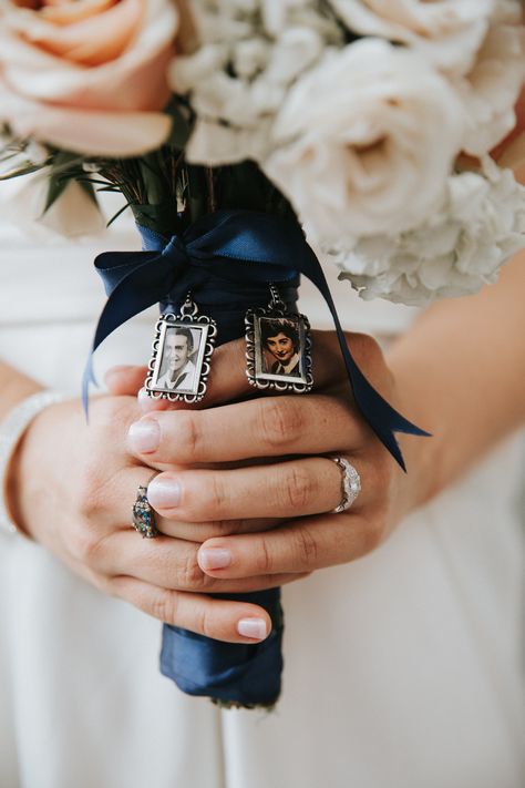 Bridal Bouquet - honoring ones who can't be with you today. Bride's grandparents on tiny frames included in the bouquet dressing as a special touch. Bouquet Wedding With Picture, Picture On Wedding Bouquet, Bride Bouquet With Picture, Brides Holding Bouquets, Wedding Bouquet With Picture Charms, Tiny Frames, Wedding Bouquet Photo Charm, Bouquet Dress, Dad Pictures