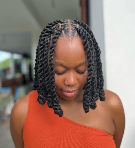 Lob Twists with Knotted Ends Marley Twist Hairstyles Short, Bob Twists, Neck Length Hairstyles, Short Marley Twists, Marley Braid, Neck Length Hair, Marley Twist Hairstyles, Twist Cornrows, Marley Twist