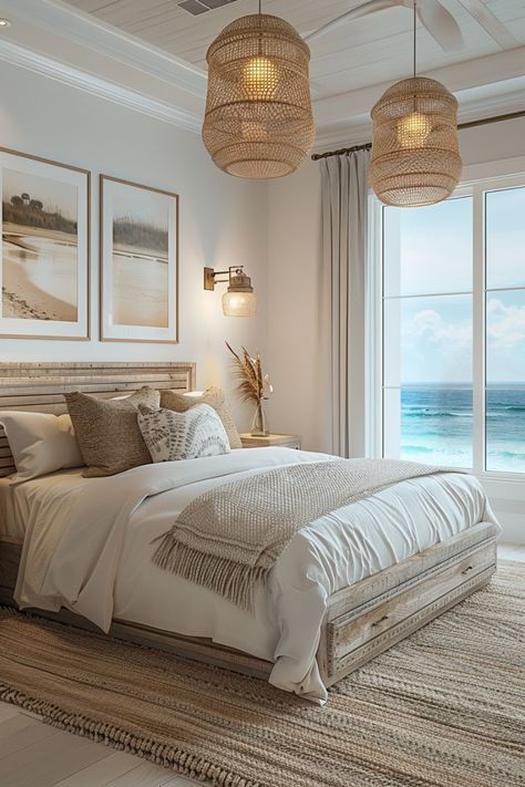 Coastal Guest Room, Beachy Apartment, Marine Motifs, Beach Chic Decor, Seaside Apartment, Beachy Bedroom, Coastal Bedroom Decorating, Luxe Bedroom, Apartment Stuff