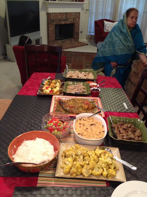 Eid Feast, 2014 at my cousin, Novita's. Cauliflower vajee, white plain rice, spicy mashpotato, whole Telapia twins, chicken korma, eggs masalah, Tahari (special beef briyani). I made her a goat chop (in a green dish on the right) Plain Rice, Chicken Korma, A Goat, White Plains, My Cousin, Ideas For Instagram Photos, Party Inspiration, Blonde Girl, Twins