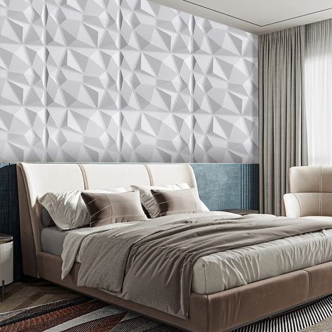 3D Wall Panels Geometric Relievo PVC Matt White TV Background Ceiling Wall Tiles | eBay Bedroom Designs India, Wall Panels Bedroom, White Tv, Pvc Wall Panels, Interior Wall Decor, 3d Panels, Bedroom Panel, Tv Background, 3d Wall Panels