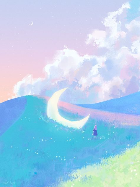 artist yuzukikino on Twitter Iphone Background Art, Blue Digital Art, Alien Aesthetic, Dreamy Landscapes, Cute Flower Wallpapers, Cute Doodles Drawings, Travel Illustration, Painting Tile, Environment Concept Art