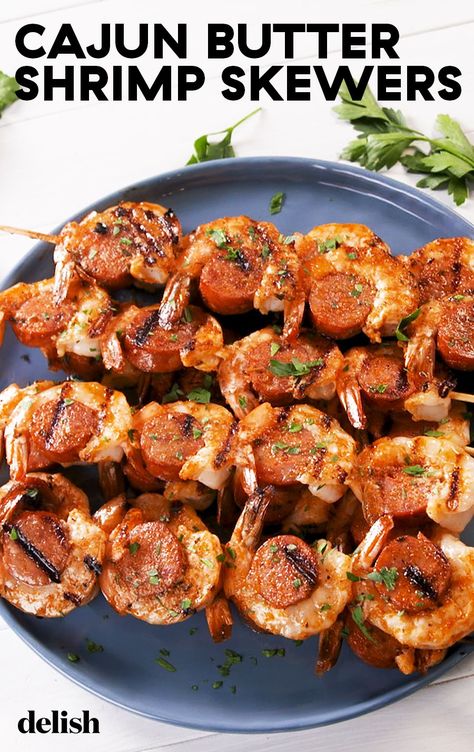 Shrimp Sausage Skewers, Cajun Butter Shrimp, Sausage Skewers, Sausage Kabobs, Cajun Shrimp Recipes, Shrimp And Sausage, Cajun Butter, Shrimp Sausage, Shrimp Skewers