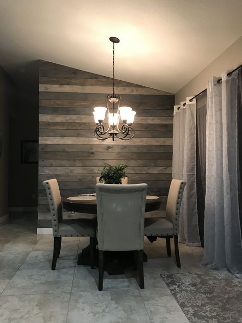 Multi-Color Shiplap to make a feature wall. Great blend of grays and browns. Love it!! Living Room With Shiplap Accent Wall, Shiplap Accent Wall Dining Room, Shiplap Wall Color Ideas, Gray Shiplap Wall, Dining Room Feature Wall, Grey And White Room, Shiplap Ideas, Wall Color Ideas, Wallpaper Bedroom Feature Wall